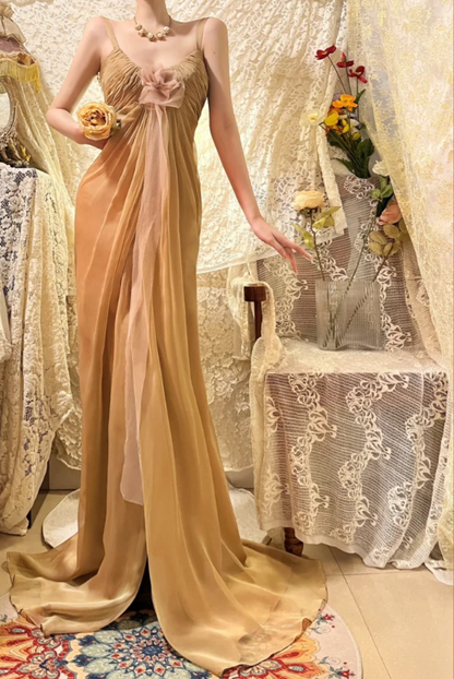 Flowing Strappy V-neck Slit Chiffon Prom Dress P3757