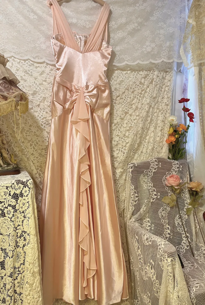 Sweet Pink 3D Rose V-Neck Satin Long Prom Dress P3762