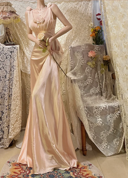 Sweet Pink 3D Rose V-Neck Satin Long Prom Dress P3762