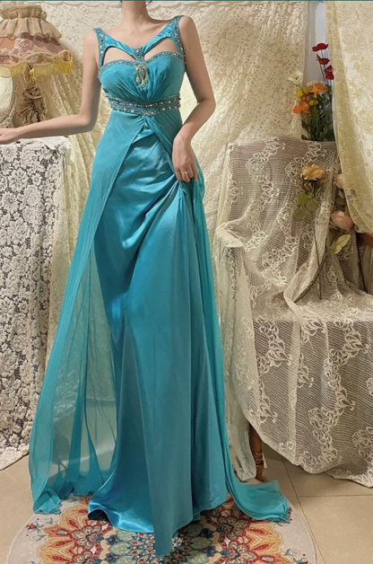 Vintage Lake Blue Design Neckline Beaded Satin Prom Dress P3763