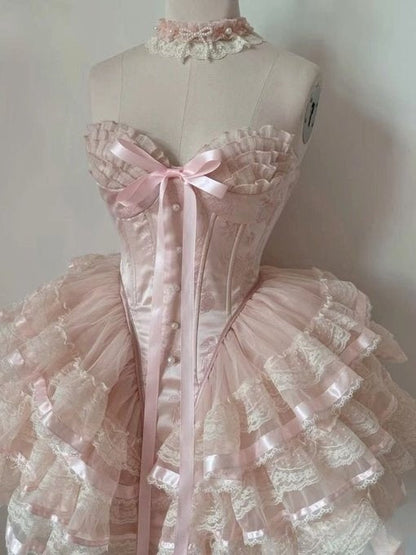 Princess Heart-shaped Collar Bow Herringbone Lace Edge Fluffy 17th Birthday Homecoming Dress P3781