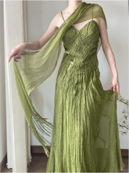 Flowy Green Strapless Pleated Satin Chiffon Long Prom Dress P3785