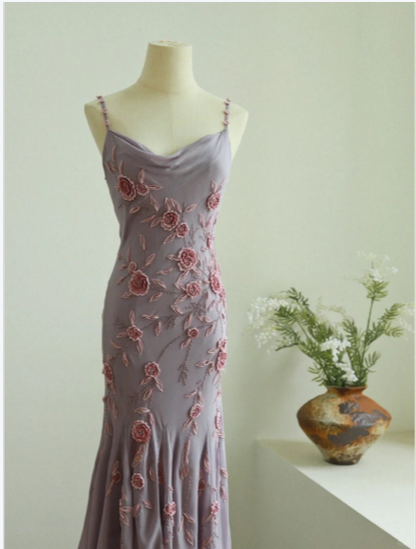 Elegant Swing Collar 3D Rose Strap Chiffon Mermaid Prom Dress P3786