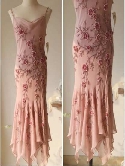 Elegant Swing Collar 3D Rose Strap Chiffon Mermaid Prom Dress P3786