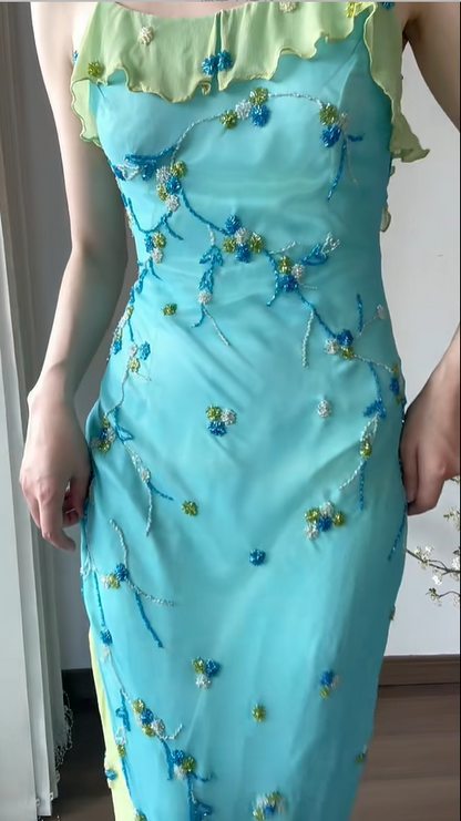 Beautiful Ruffled Beaded Strapless Blue Long Prom Dress P3789