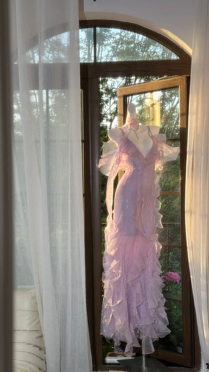 Beautiful Lavender Deep V-neck Suspender Lace Ruffled Mermaid Prom Dress P3795