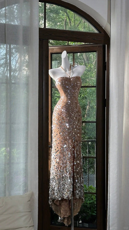 Shiny Halterneck Large Sequined Slit Mermaid Prom Dress P3796