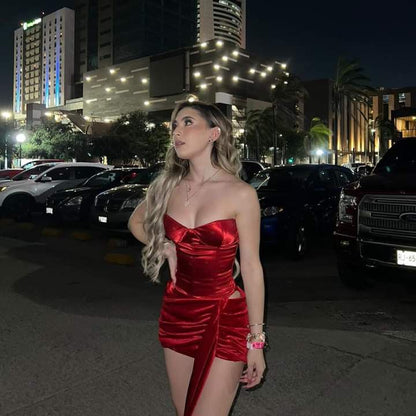 Beautiful Tube Top Red Satin Slim Fit Hip 17th Birthday Homecoming Dress P3809