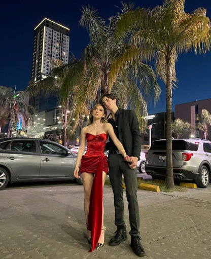 Beautiful Tube Top Red Satin Slim Fit Hip 17th Birthday Homecoming Dress P3809