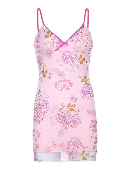 Sexy Mesh Pink V-neck Suspender Print Birthday Short Skirt Homecoming Dress P3818