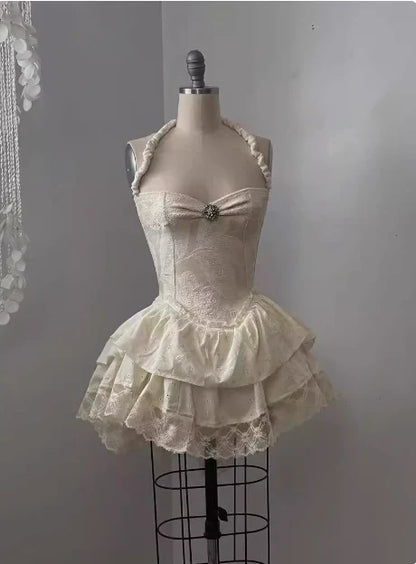 Vintage Beige Sweetheart Applique A-Line Elegant Tiered Homecoming Dress Party Dress Prom Dresses TP4139