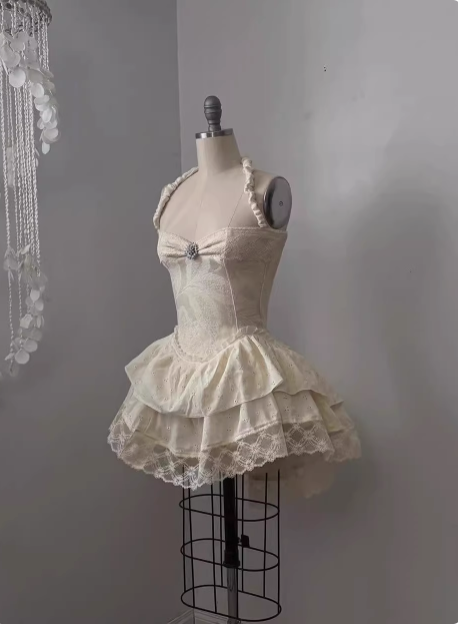 Vintage Jacquard Halter Neck Lace Trim Mini Birthday Skirt Homecoming Dress P3823