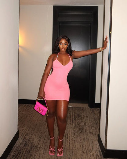 Sexy Pink Halter Neck Slim Fit Hip 21st Birthday Homecoming Dress P3888