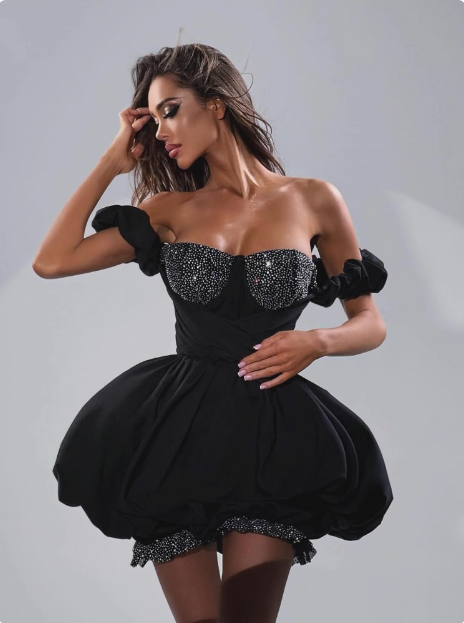 17th Birthday One Shoulder Black Puffy Rhinestone Homecoming Dress P3893