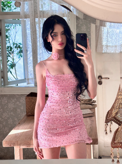 Shiny Pink Sequined Suspender Tube Top Hip 17th Birthday Homecoming Dress P3899