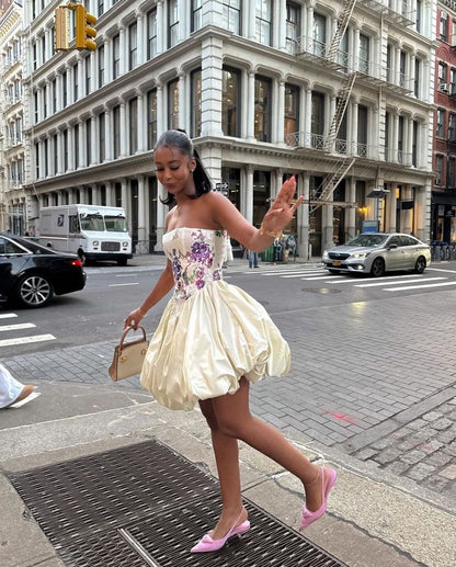 Elegant Embroidered Ivory Strapless Satin Flower Bud Birthday Dress Homecoming Dress P3940