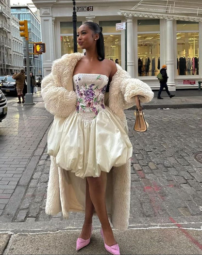 Elegant Embroidered Ivory Strapless Satin Flower Bud Birthday Dress Homecoming Dress P3940