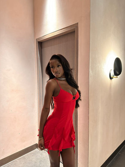 Sexy Red Suspender Ruffled Hip 19th Homecoming Dress P3943