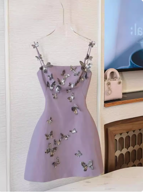 Charming Purple Butterfly Strap Satin 17th Birthday Homecoming Dress P3957