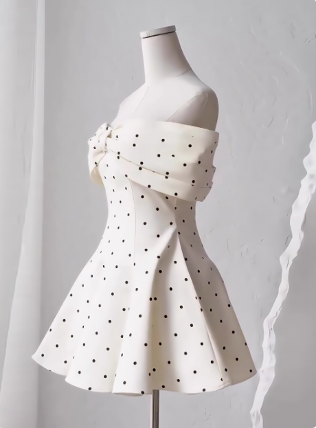 Sweet One-shoulder Bow Satin Polka Dot Puffy Birthday Skirt Homecoming Dress P3961