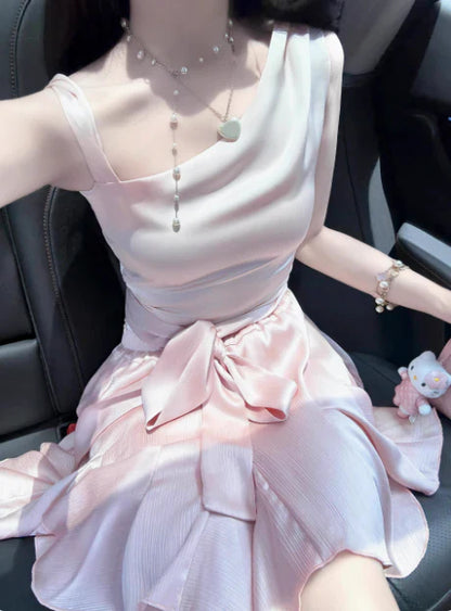 Vintage Pink Irregular Shoulder Strap A-Line Satin Short Party Dress Cocktail Dress Homecoming Dress TP4481