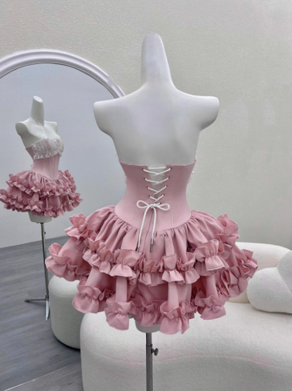 Princess Tube Top Fishbone Waist Ruffled Puffy Birthday Skirt Homecoming Dress P3974