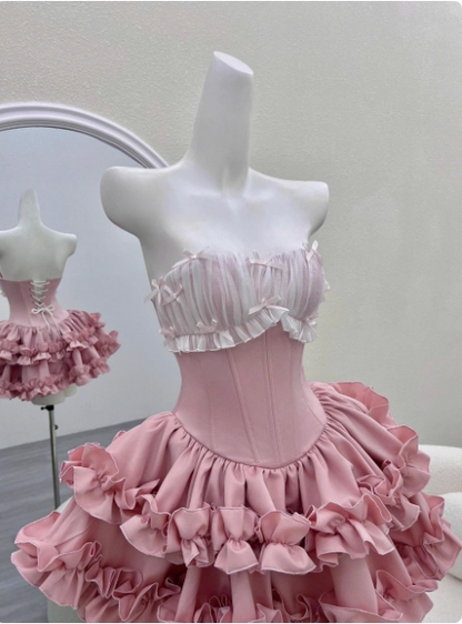 Princess Tube Top Fishbone Waist Ruffled Puffy Birthday Skirt Homecoming Dress P3974