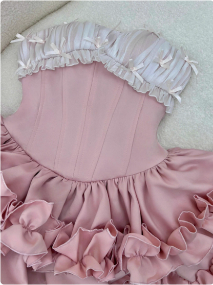 Princess Tube Top Fishbone Waist Ruffled Puffy Birthday Skirt Homecoming Dress P3974