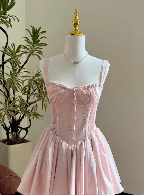 Vintage Spaghetti Strap Pleated A-Line Lace Short Party Dress Cocktail Dress Homecoming Dress TP4479