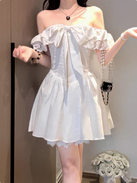 Vintage White Off-the-shoulder A-Line Lace Short Party Dress Cocktail Dress Homecoming Dress TP4478