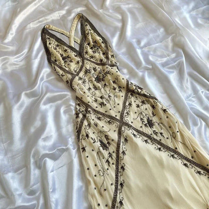 Vintage Ivory V-neck Embroidery Mermaid Prom Dress Party Dress Evening Dress TP4507