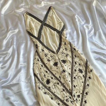 Vintage Ivory V-neck Embroidery Mermaid Prom Dress Party Dress Evening Dress TP4507