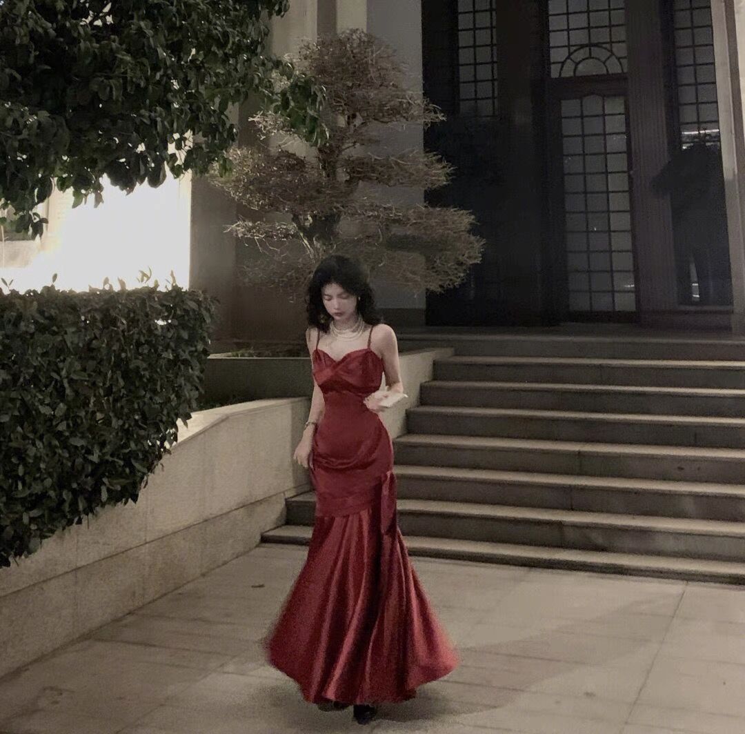 Stunning Mermaid Spaghetti Straps Long Wine Red Prom Dress Birthday Outfits P465