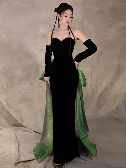 Sexy Mermaid Long Black Velvet Prom Dresses With Sleeves Long Prom Gown P474