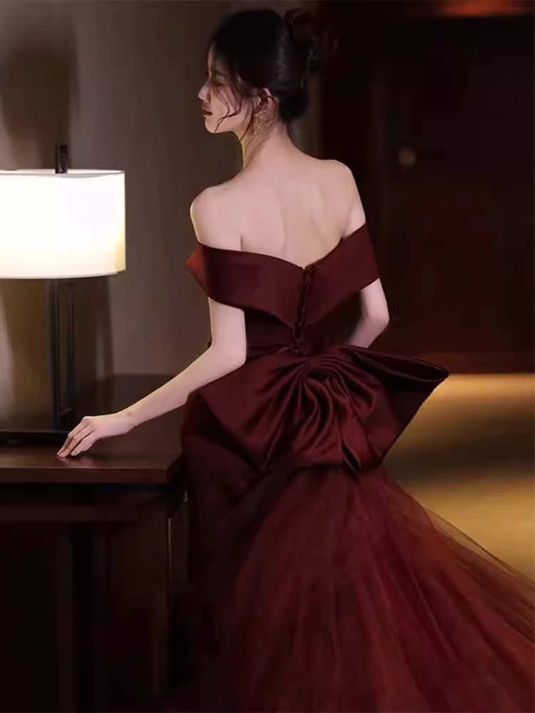 Sexy Mermaid Long Red Satin Prom Dresses With Bowknot Long Prom Dress P476