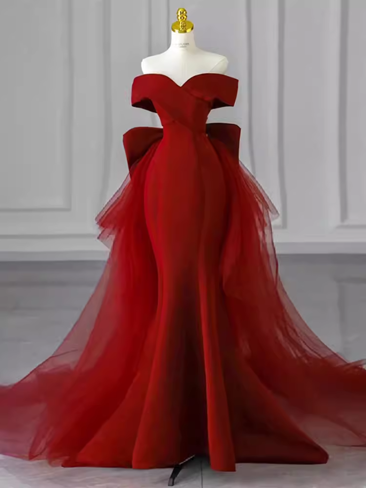 Sexy Mermaid Long Red Satin Prom Dresses With Bowknot Long Prom Dress P476