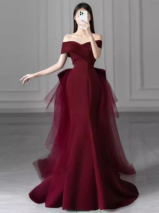 Sexy Mermaid Long Red Satin Prom Dresses With Bowknot Long Prom Dress P476