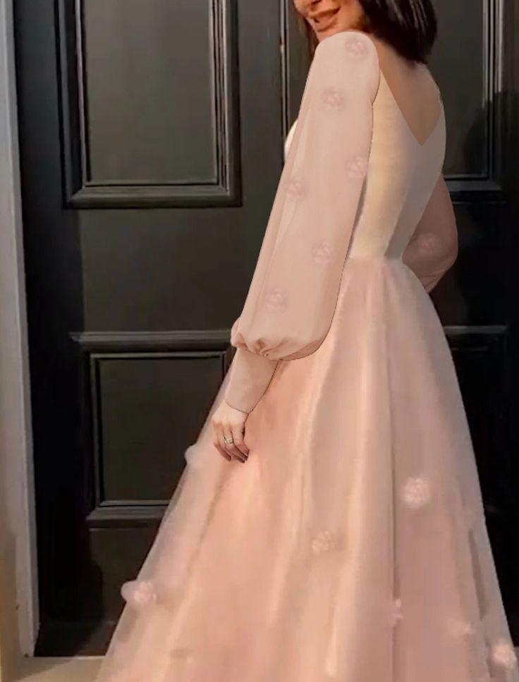A-Line Prom Dresses Maxi Dress Floor Length Long Sleeves Tulle with Appliques 22th Birthday Outfits P649