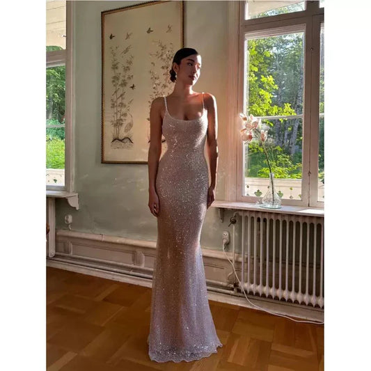 Elegant Pink Glittering Sequin Mermaid Spaghetti Strap Prom Dress Party Dress Evening Dress TP4509