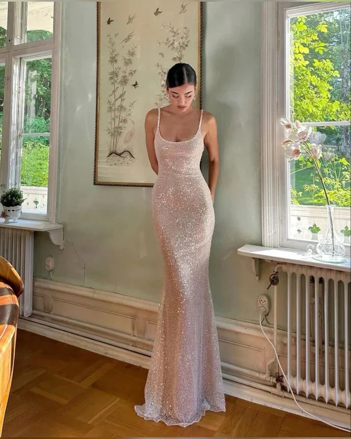 Elegant Pink Glittering Sequin Mermaid Spaghetti Strap Prom Dress Party Dress Evening Dress TP4509