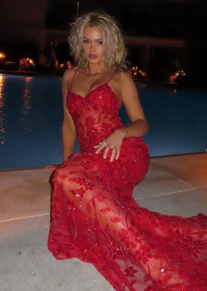Vintage Shiny Sequined Red Mermaid Lace Applique Spaghetti Strap Long Prom Dress Evening Dress TP4295