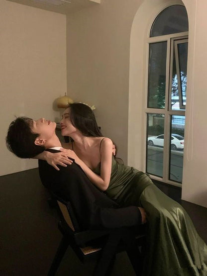 Sexy Mermaid Green Party Dresses Satin Long Prom Dresses P703
