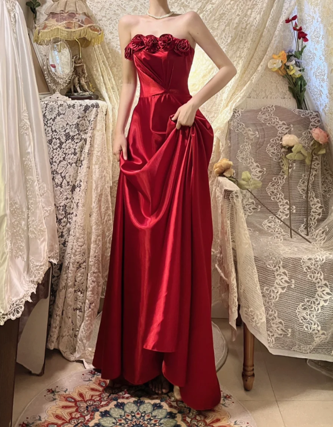 Fashion Red Strapless Satin A Line Long Wedding Guest dress Formal Evening Gown With 3D Flowers