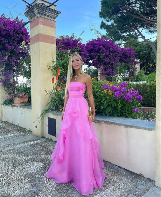 Sexy A line Strapless Sleeveless Party Dress Pink Prom Dress P858