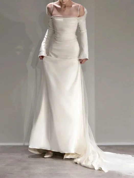 Mermaid Plain Spliced Off shoulder Satin Elegant Long Sleeve Wedding Dress P897