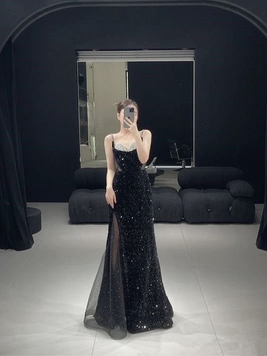 Mermaid Long Prom Dress New Sequin Sexy Black Slit Evening Dress P917