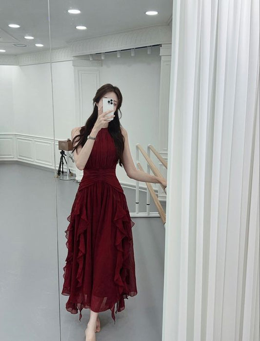 Glamorous A line Scoop Sleeveless Burgundy Long Prom Dress P963