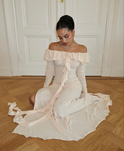 Sexy Sheath Long Sleeves Champagne Long Prom Dress P965