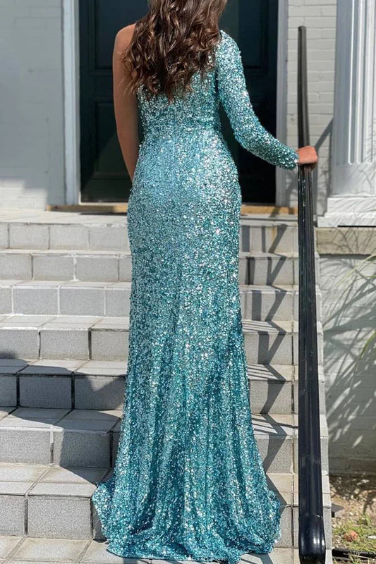 omberprom Elegant One-shoulder Long Sleeve Evening Dress Tiffany Blue Sequins Long Formal Dress