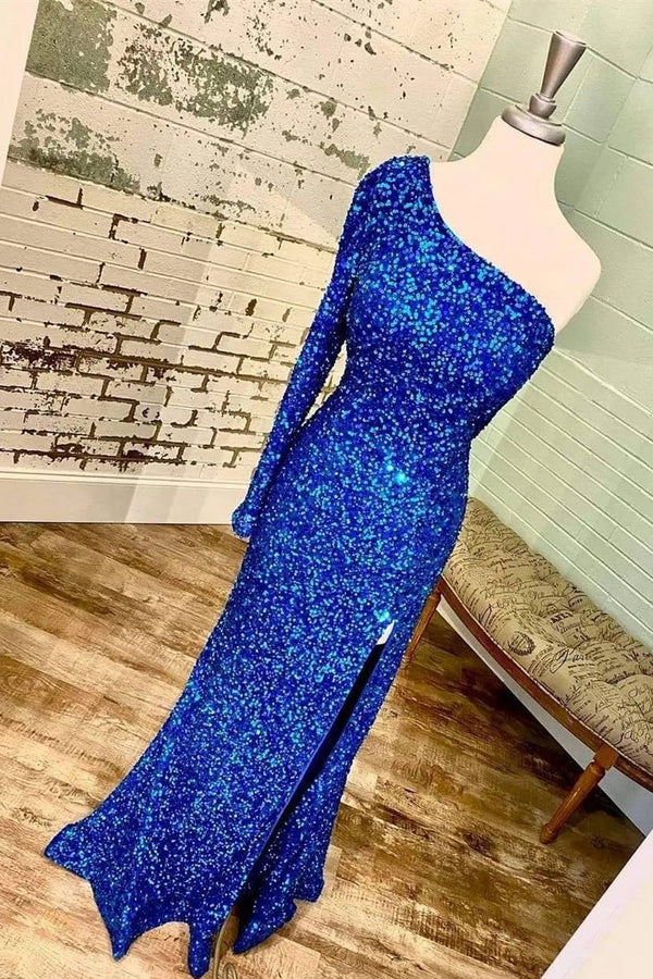 omberprom Elegant One-shoulder Long Sleeve Evening Dress Tiffany Blue Sequins Long Formal Dress